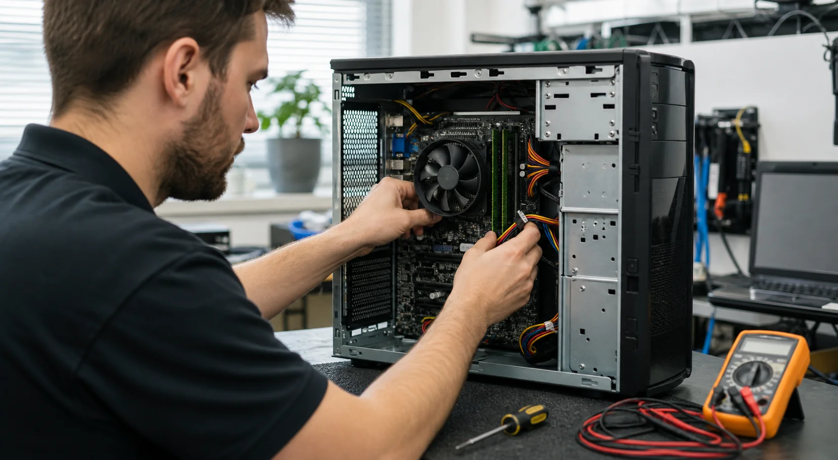 Computer technician repairing an open desktop PC at a workshop